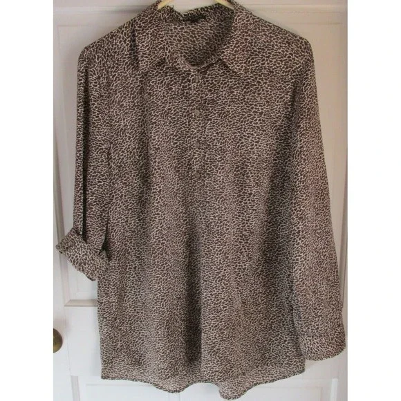 Ann Taylor Women's Brown Animal Print Roll Tab Sleeve Blouse Size 12 - Picture 1 of 11